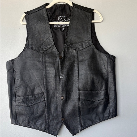 SHAF Leather Black Motorcycle Biker Vest ~ Lined ~ Snap Front ~ Men Sz 46 - Picture 3 of 7